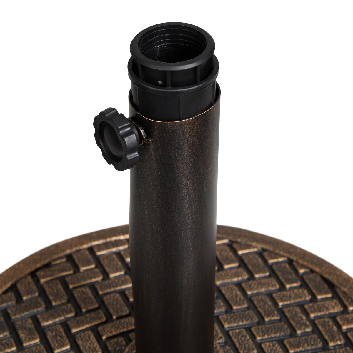 Backyard Expressions woven wicker look base adds stylish outdoor appeal in antique bronze.