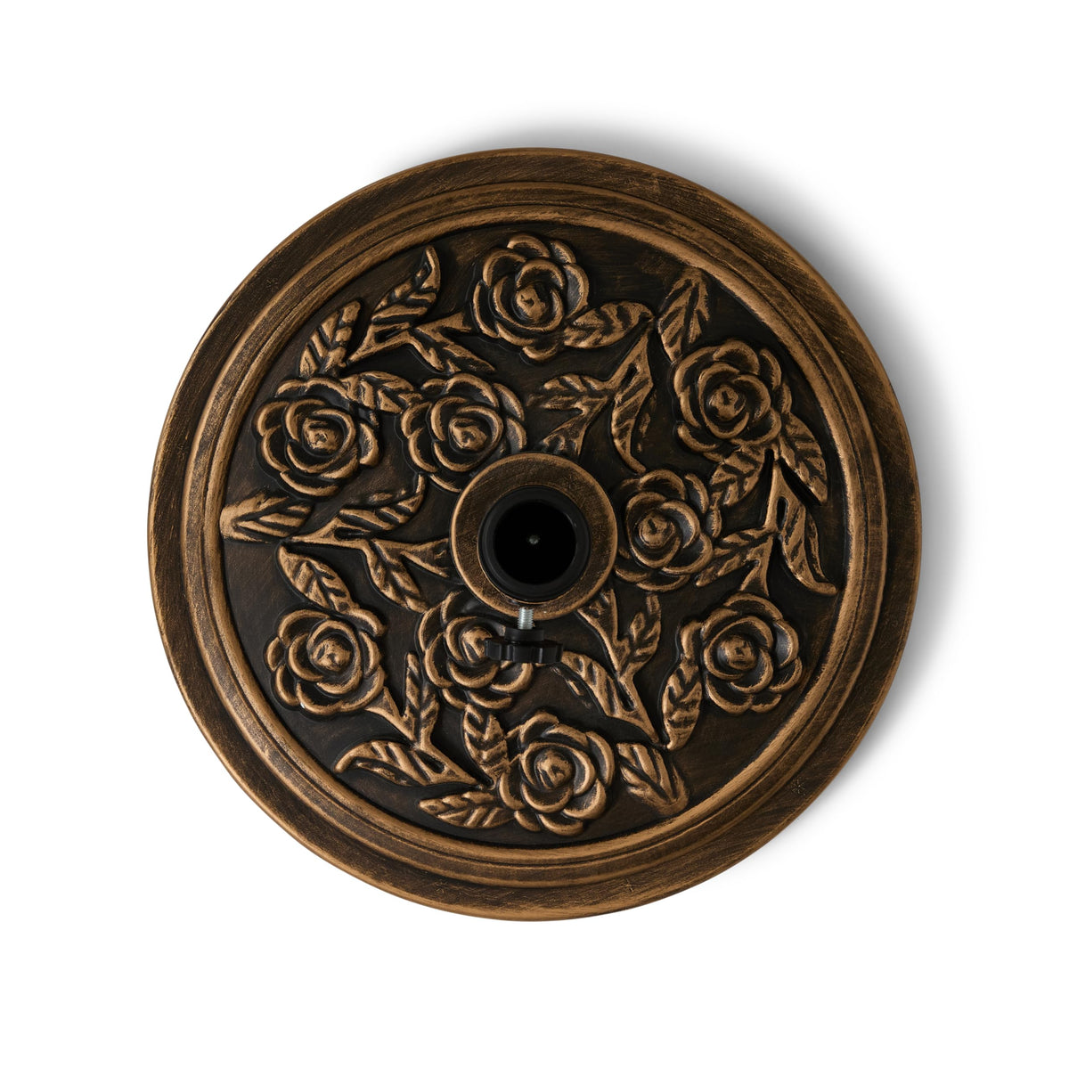 Backyard Expressions umbrella base in antique bronze finish adds decorative flair while anchoring a deck umbrella.
