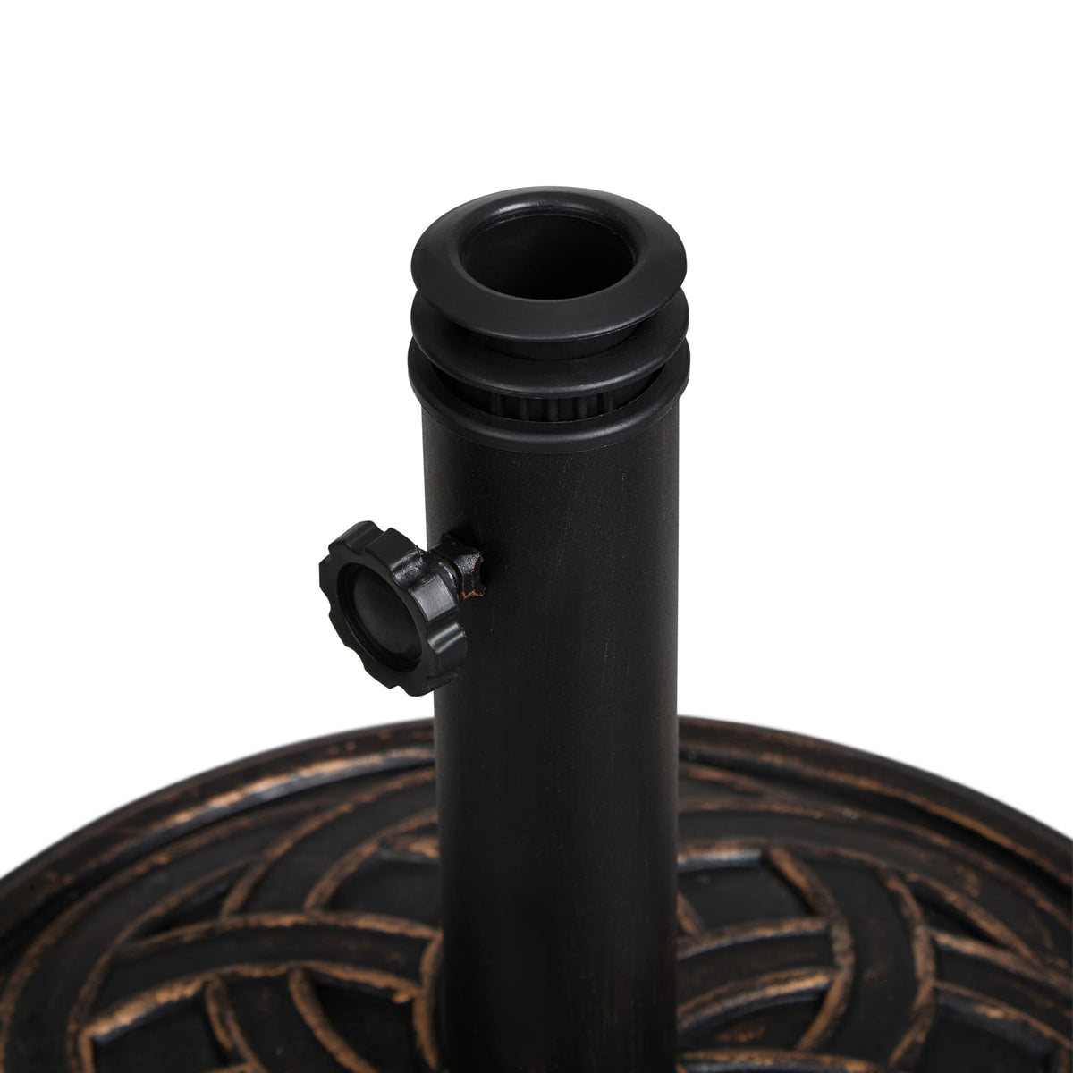 Backyard Expressions umbrella base highlighting calcium carbonate core and resin coating.