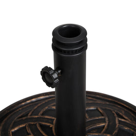 Backyard Expressions umbrella base highlighting calcium carbonate core and resin coating.