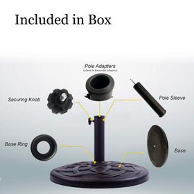 Backyard Expressions umbrella base on a patio deck demonstrating stability.