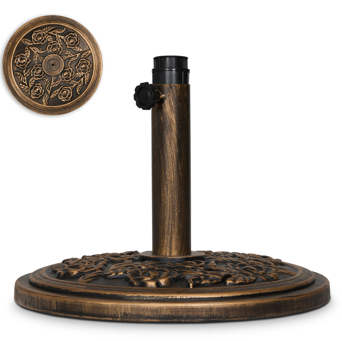 Backyard Expressions umbrella base with rose medallion top supports stable shade setups.