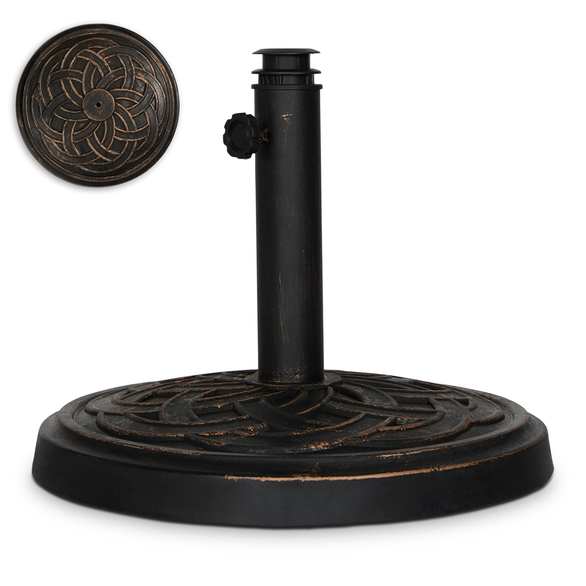 Backyard Expressions round heavy-duty umbrella base providing stable outdoor shade support.