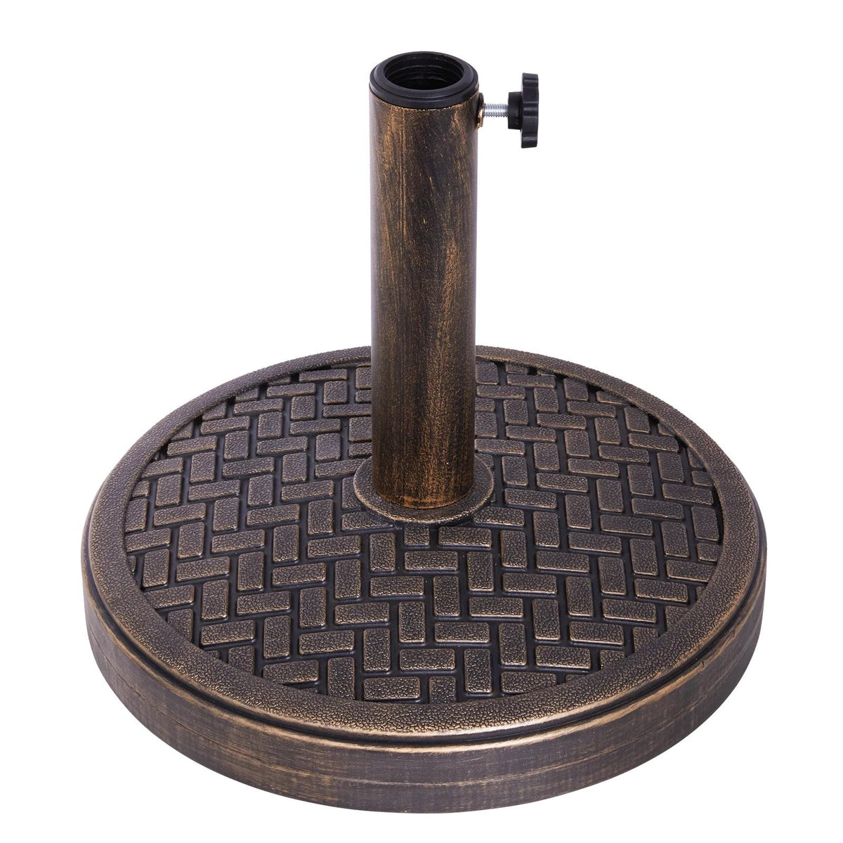 Backyard Expressions umbrella stand bronze base provides 26.5 lb stability for windy patios.