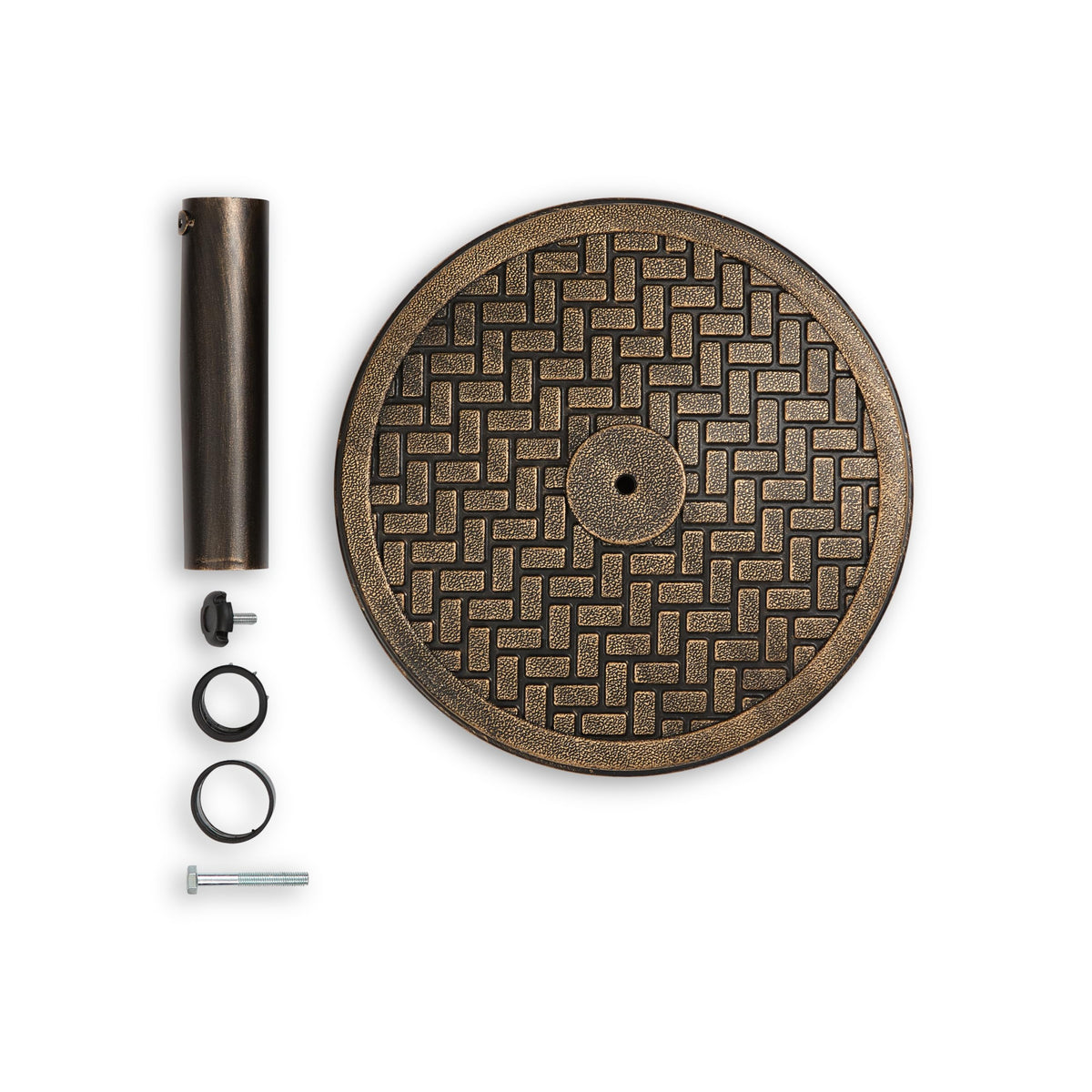 Backyard Expressions basketweave gray base complements contemporary decks with solid support.