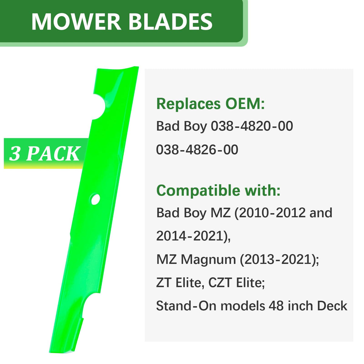 Bad Boy compatibility graphic highlights fitment with MZ, Magnum, ZT Elite.