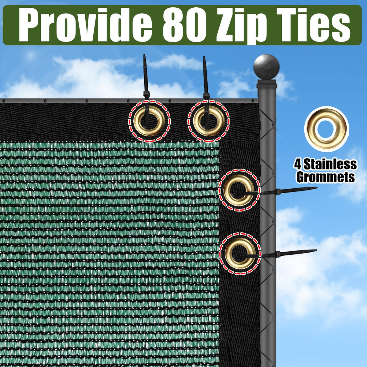 BADAO privacy screen with grommets at corners for secure installation.