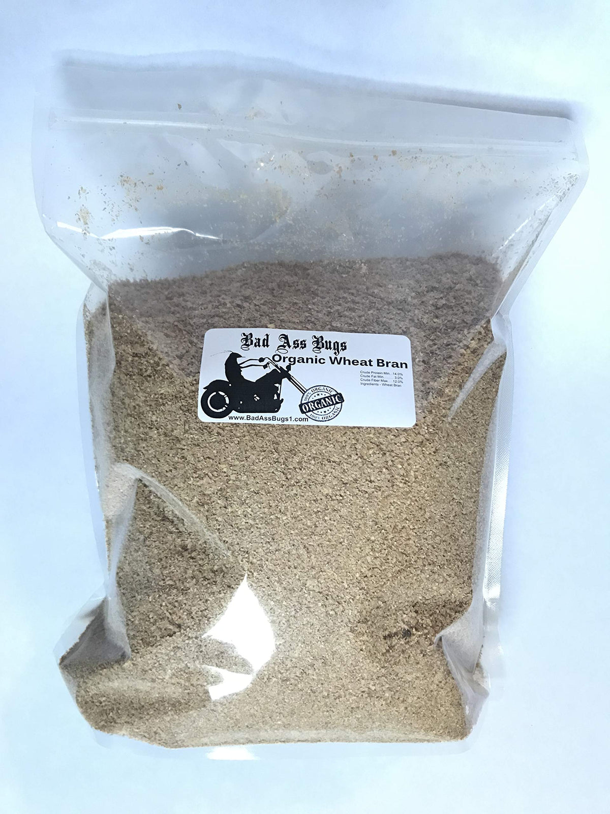 BadAssBugs wheat bran bedding close-up reveals pure bran with no preservatives.