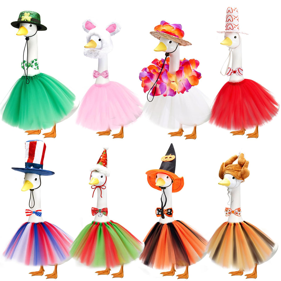 Bafeil porch goose outfits eight-set on display to elevate seasonal curb appeal.
