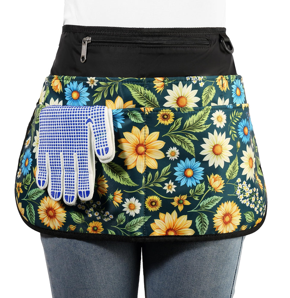 Bafelia garden apron in green flowers with six pockets for organized gardening.