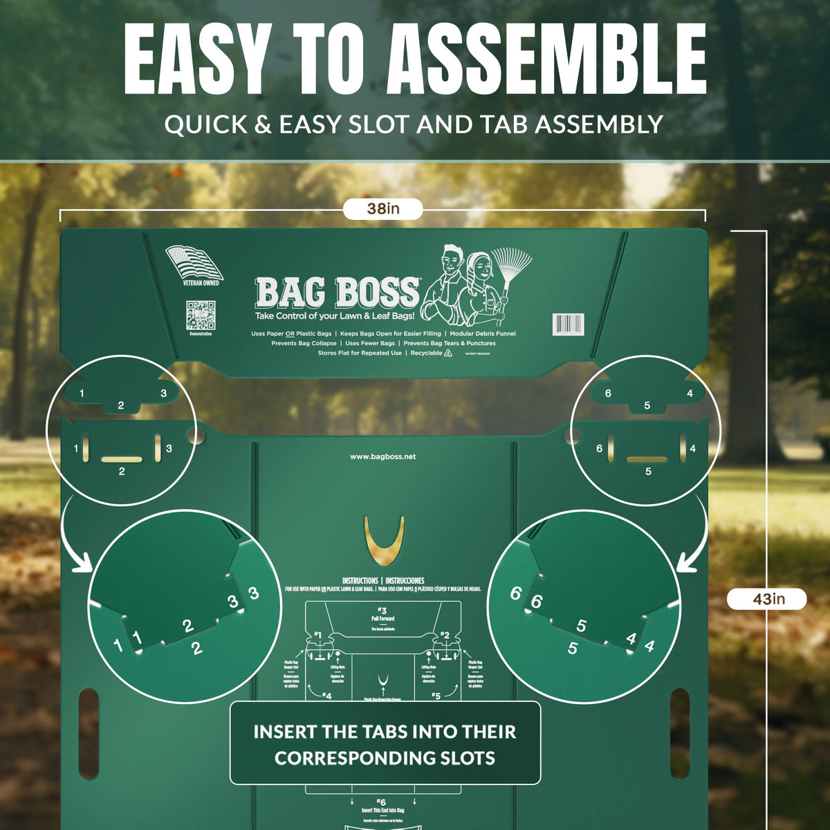 Bag Boss debris carrier supports large piles with ergonomic handles during cleanup.