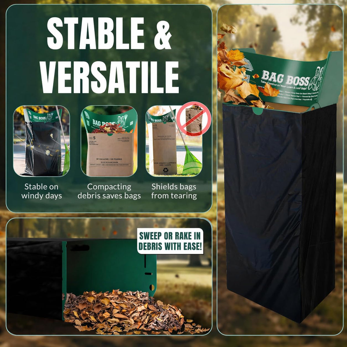 Bag Boss easy bag removal simplifies switching between bag types.