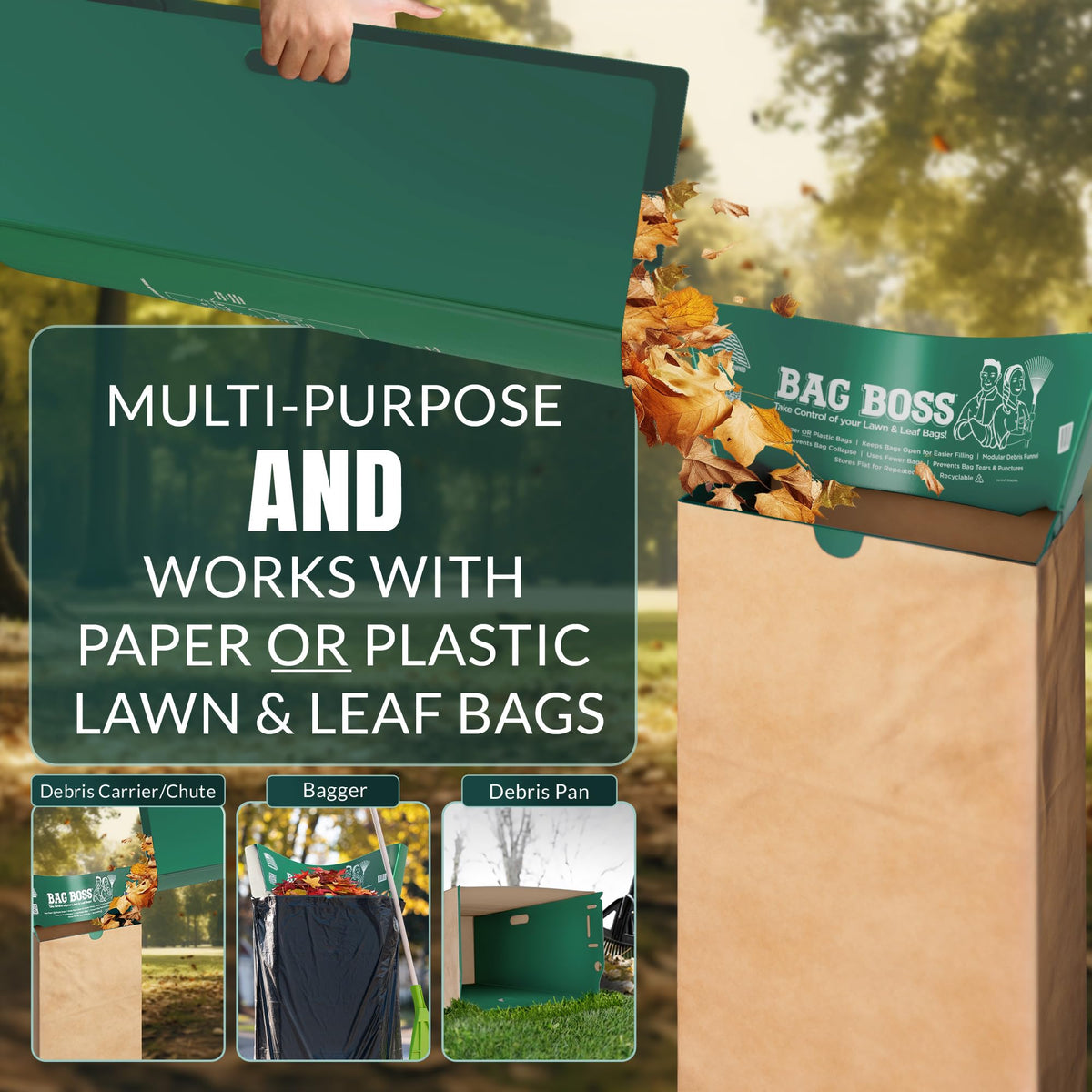 Bag Boss foldable yard stand collapses for compact storage when not in use.
