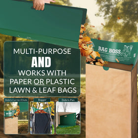 Bag Boss foldable yard stand collapses for compact storage when not in use.
