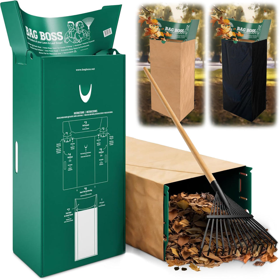 Bag Boss lawn bag holder secures paper bags for clean yard work.