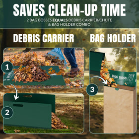 Bag Boss leaf scoop demonstrates easy debris pickup and transfer to bags.