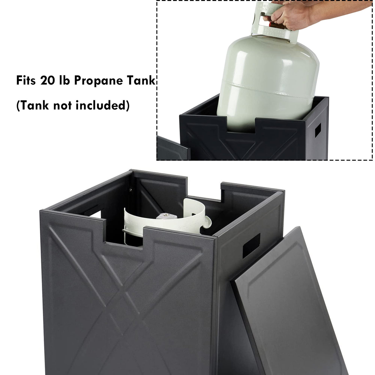 BAIDE HOME propane tank cover used as outdoor drinks table with hidden storage.