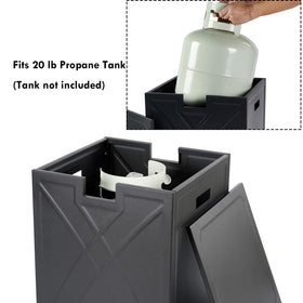 BAIDE HOME propane tank cover used as outdoor drinks table with hidden storage.