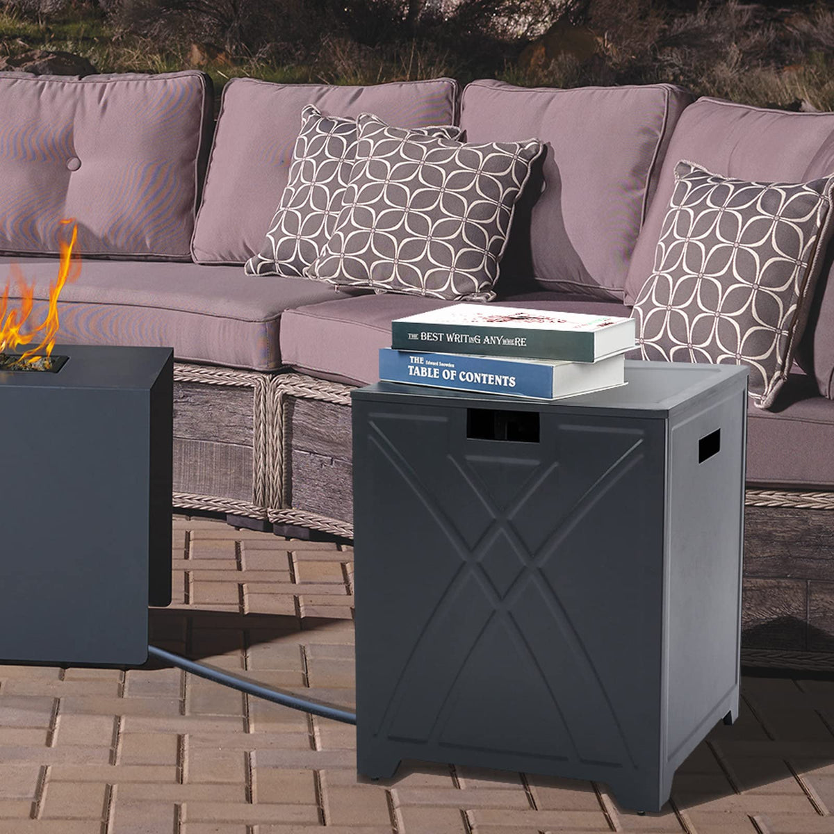 BAIDE HOME outdoor lounge setup with square cover table in carbon gray