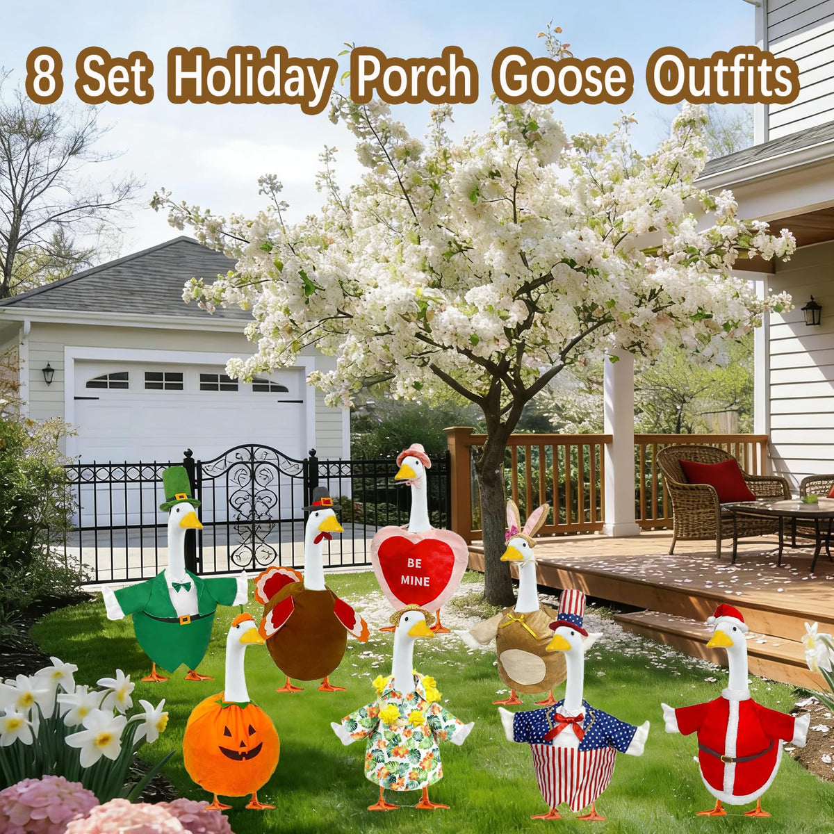 Bailiyake Christmas goose costume completes a festive winter porch display.