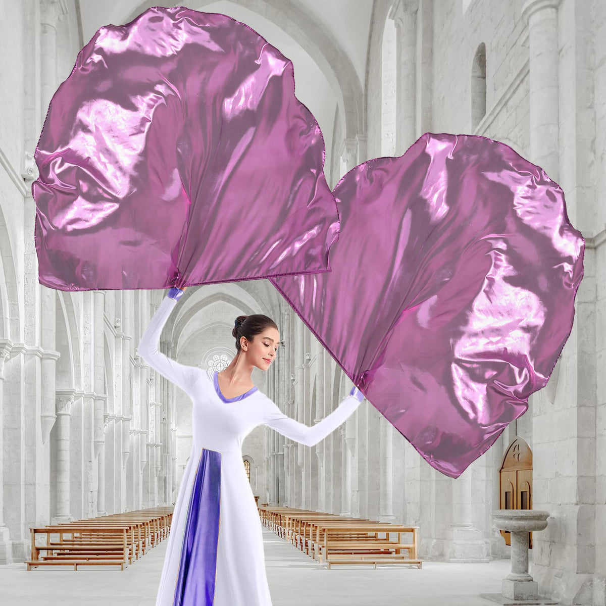 Vibrant purple Baisdan flags under stage lighting in motion
