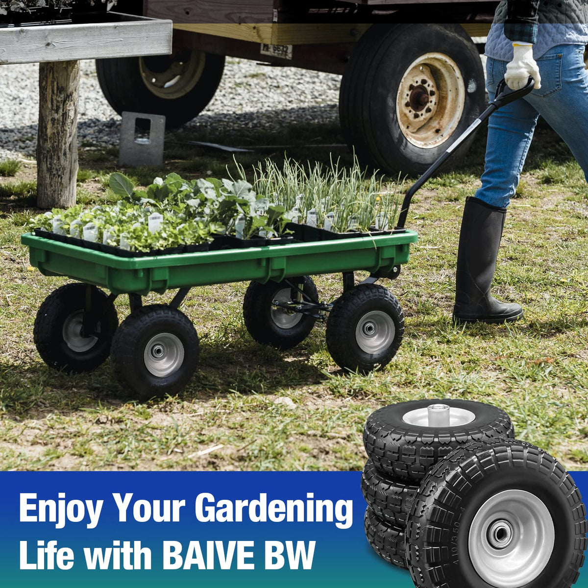 BAIVE BW wheels not for highway use; ideal for yard and garden tasks.