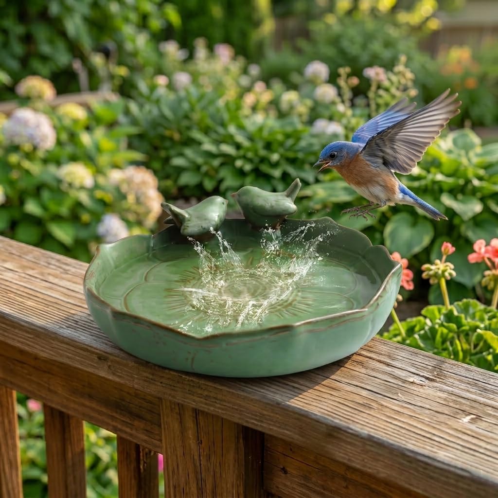 Bakayoyo ground-level bird feeder bath invites birds and small wildlife to feed.