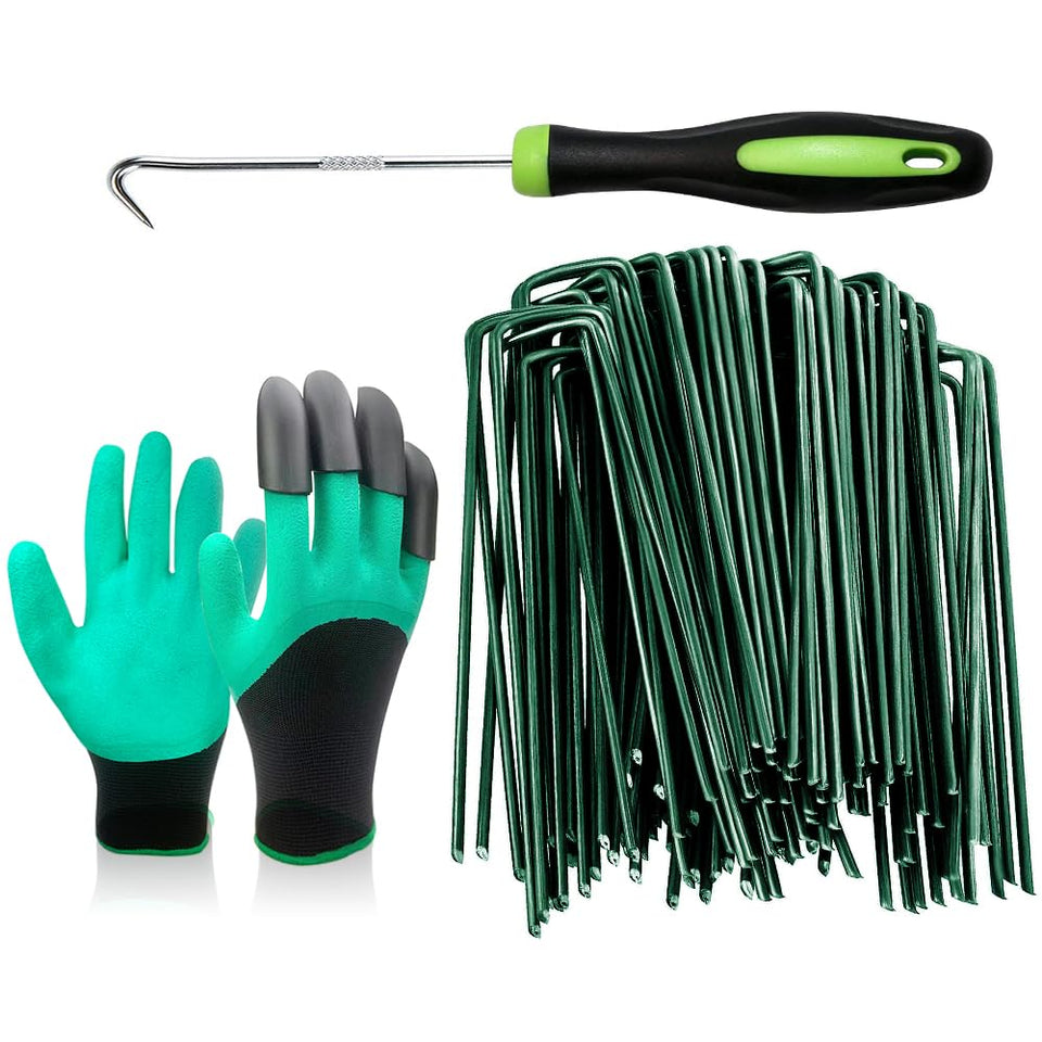 Bakulyor 100pcs green landscape staples pack secures turf and fabric.