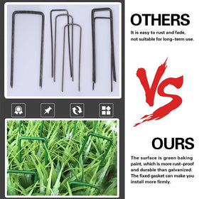 Bakulyor heavy-duty ground pins securing weed barrier under turf.