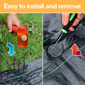 Bakulyor weed-barrier staples installed for secure landscape setup.