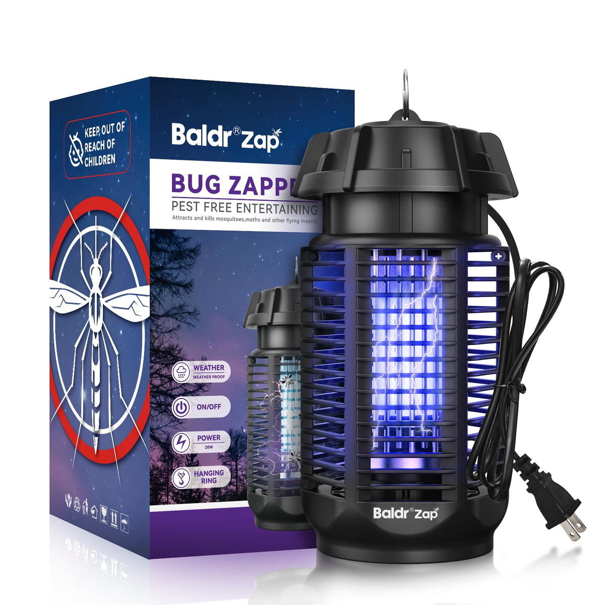 Baldr Bug Zapper front view demonstrates sleek outdoor–indoor design for chemical-free pest protection.
