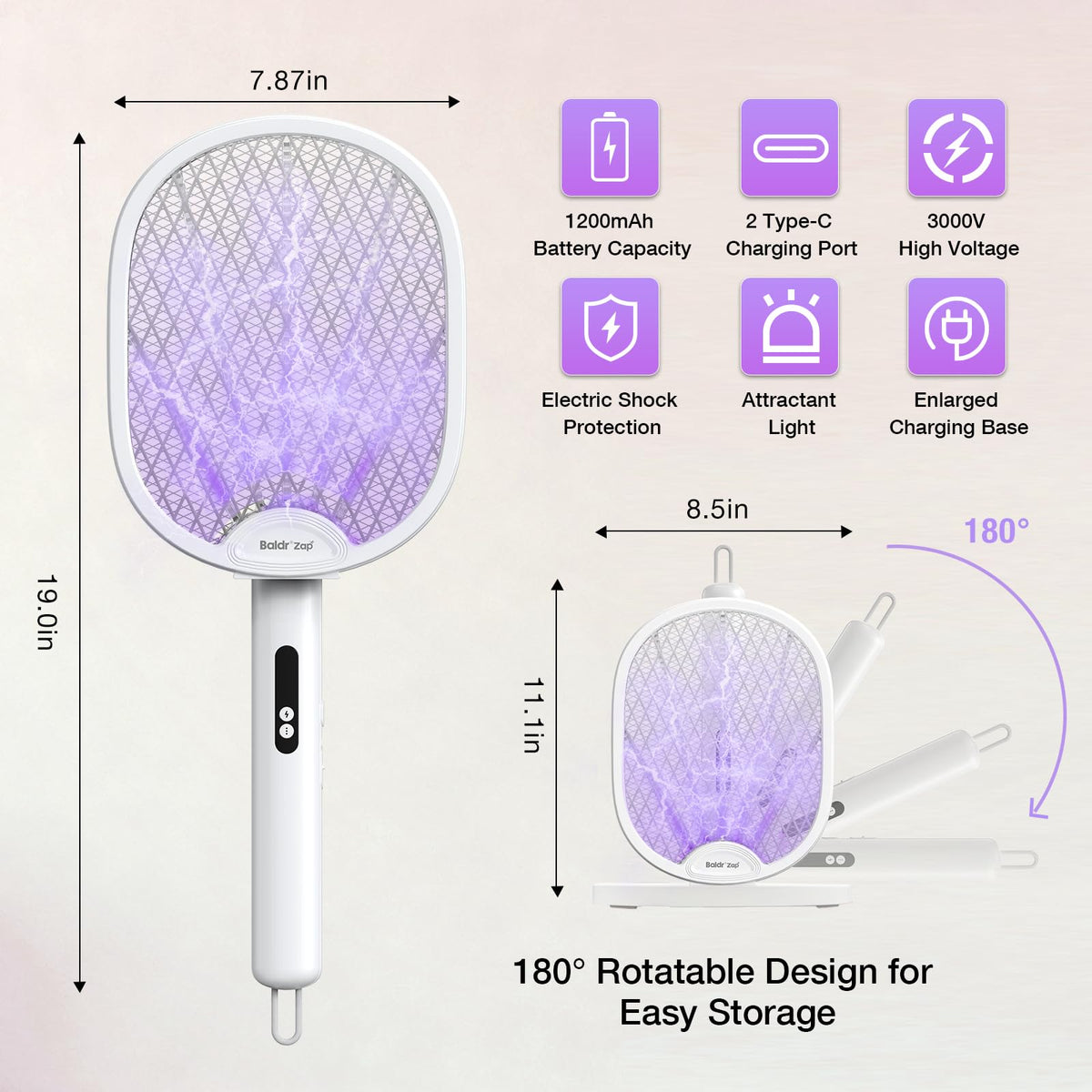 Baldr 3000V grid delivers instant pest kill on contact.