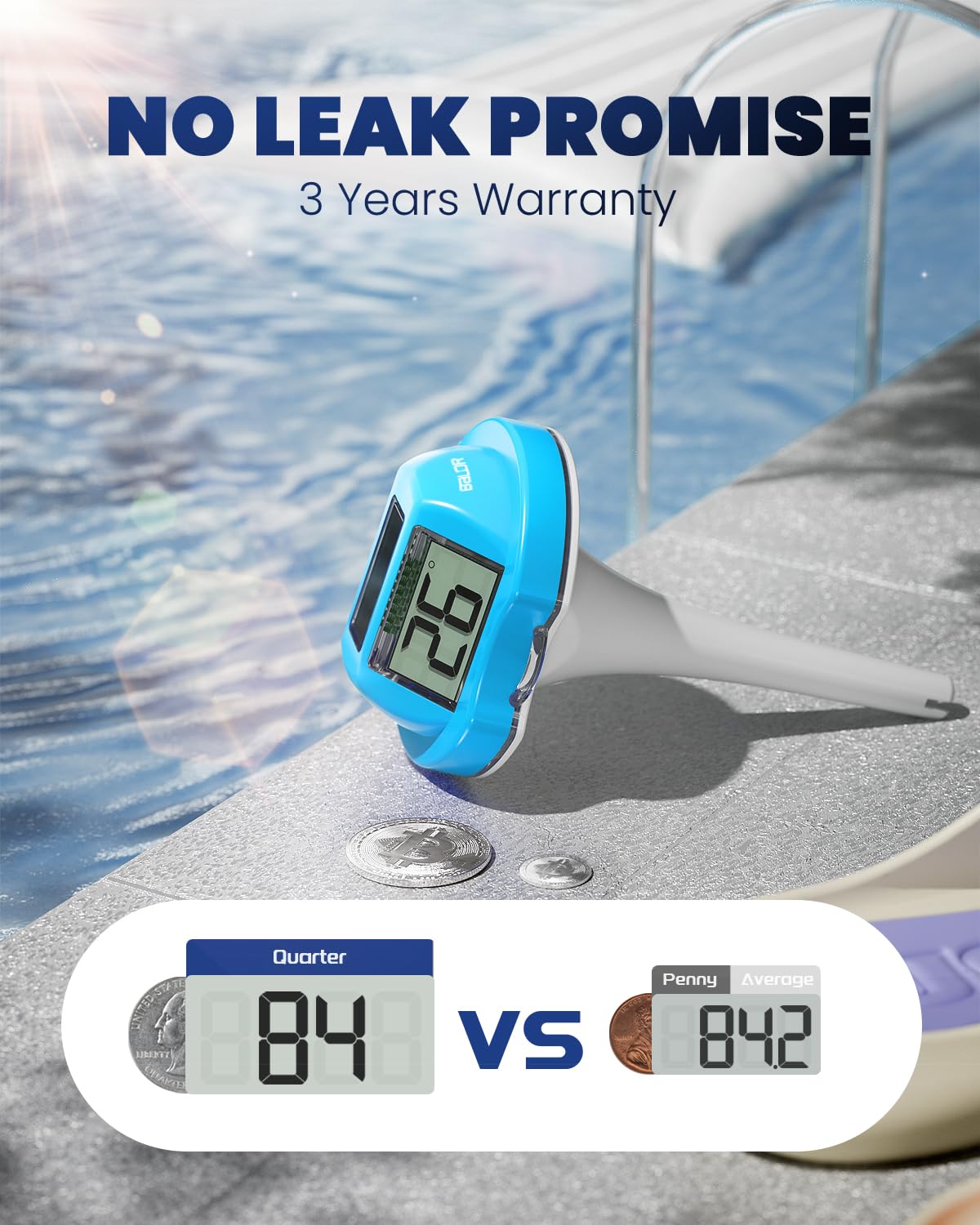 Baldr pool thermometer featuring 45-degree anti-glare design for glare-free readings.