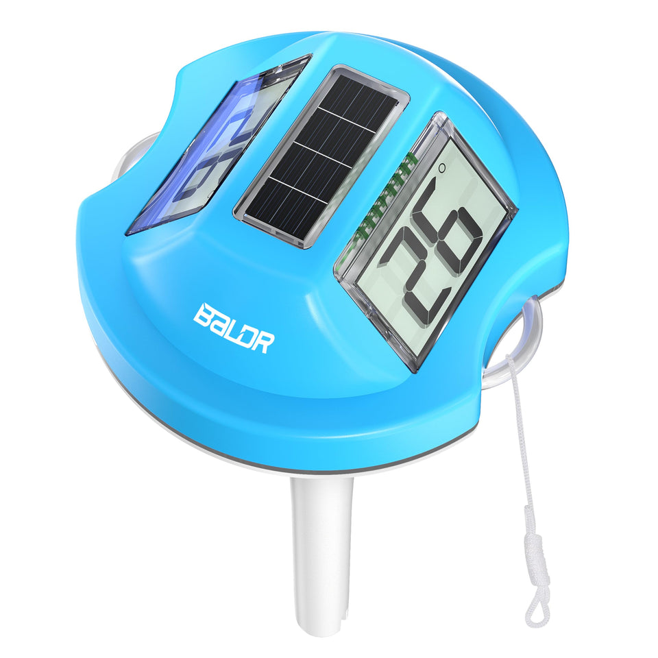 Baldr pool thermometer with floating dual screens for easy deck-side visibility.