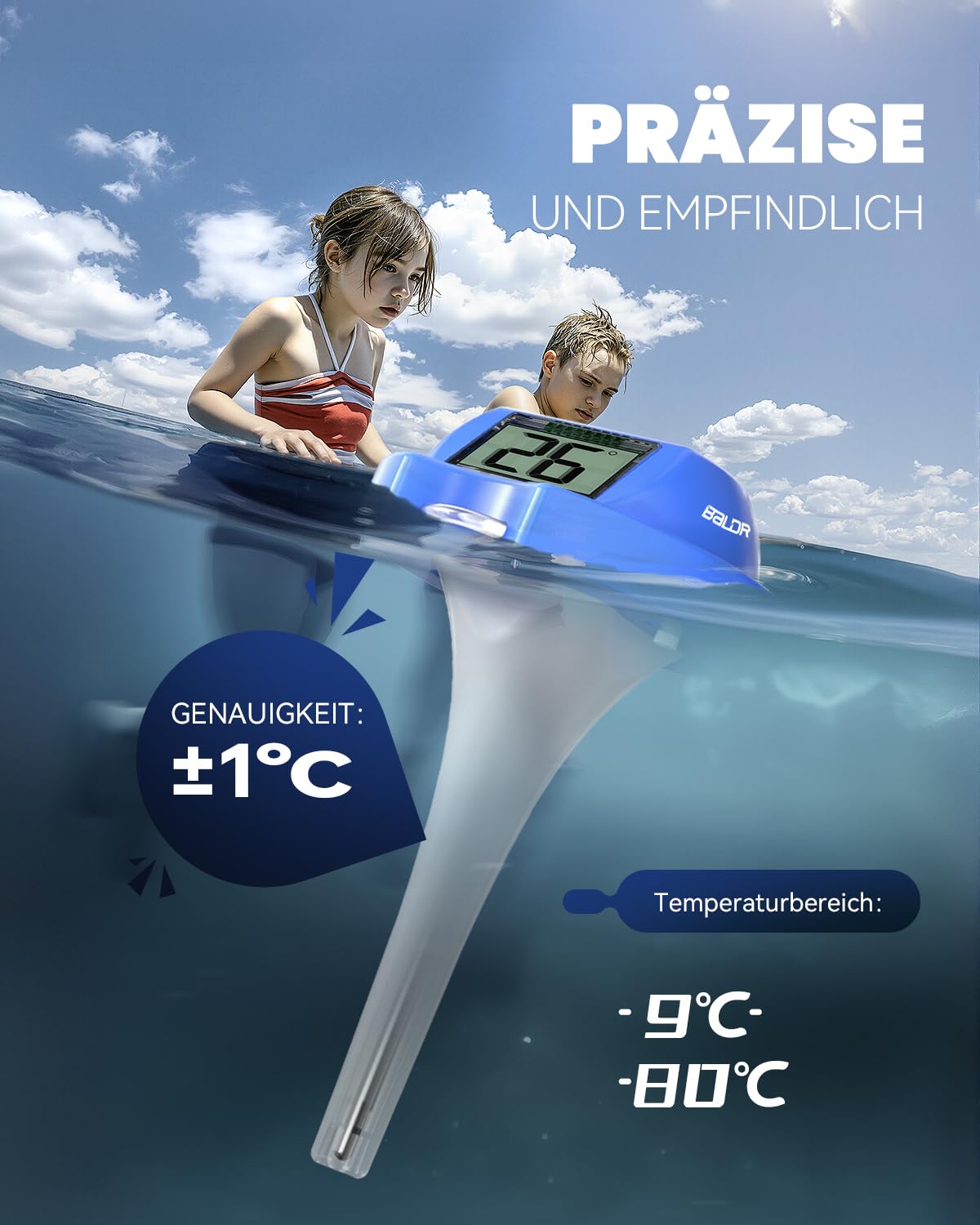 Baldr pool thermometer with IPX7 rating protects against rain and splashes.