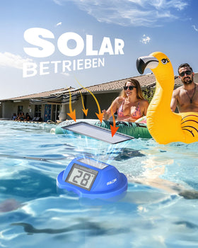 Baldr pool thermometer solar panel powers the display for battery-free operation by the pool.