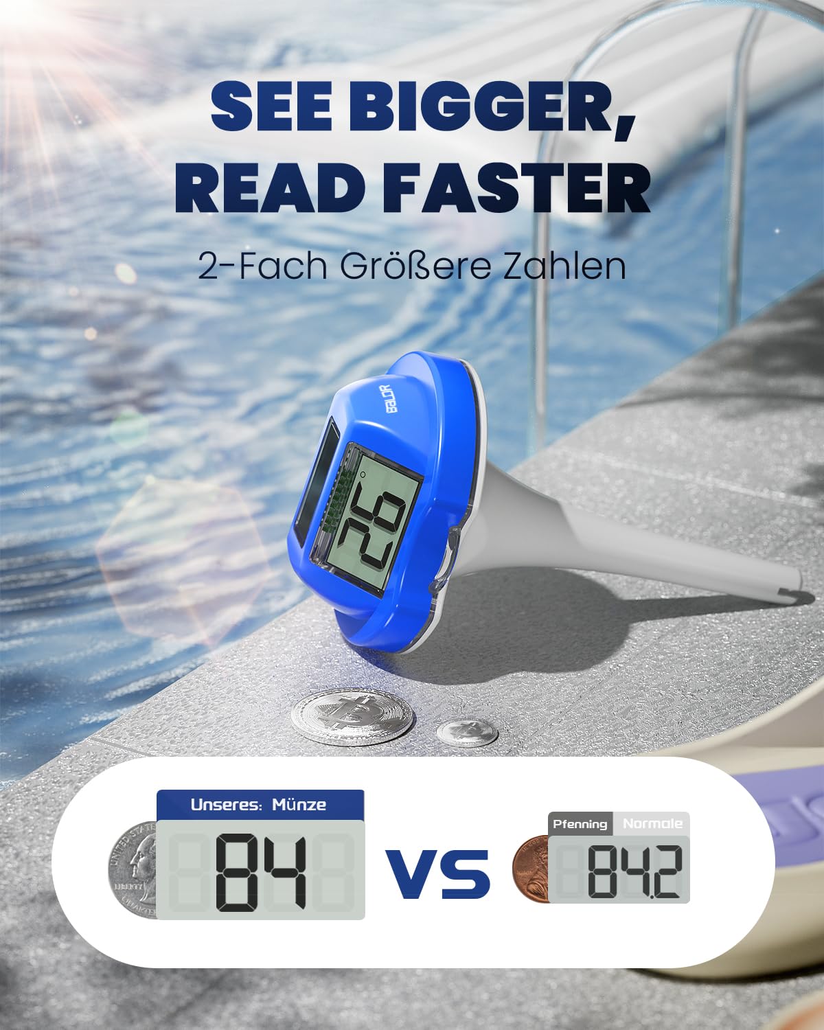 Baldr pool thermometer tilted for anti-glare viewing, easy from any poolside position.