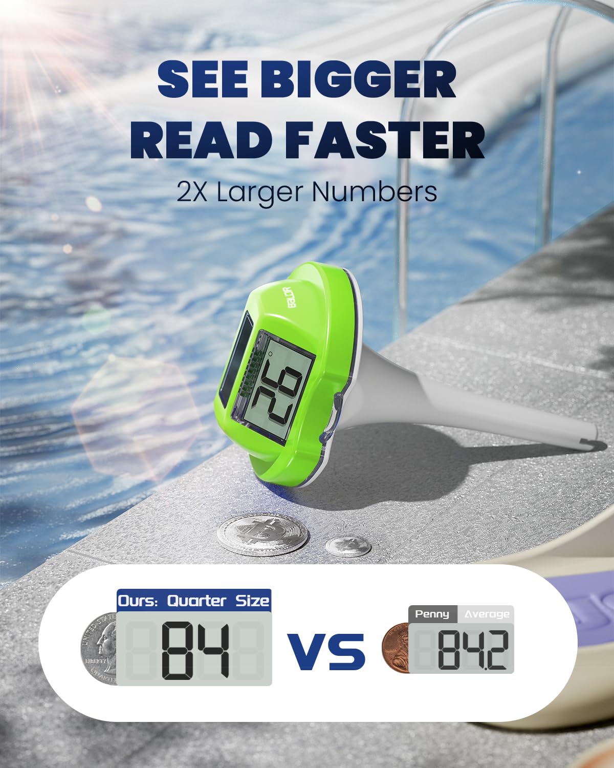 Baldr solar powered dual screen thermometer for quick pool checks