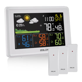 Baldr weather station main unit shows temperature, humidity, and time for at-a-glance monitoring.