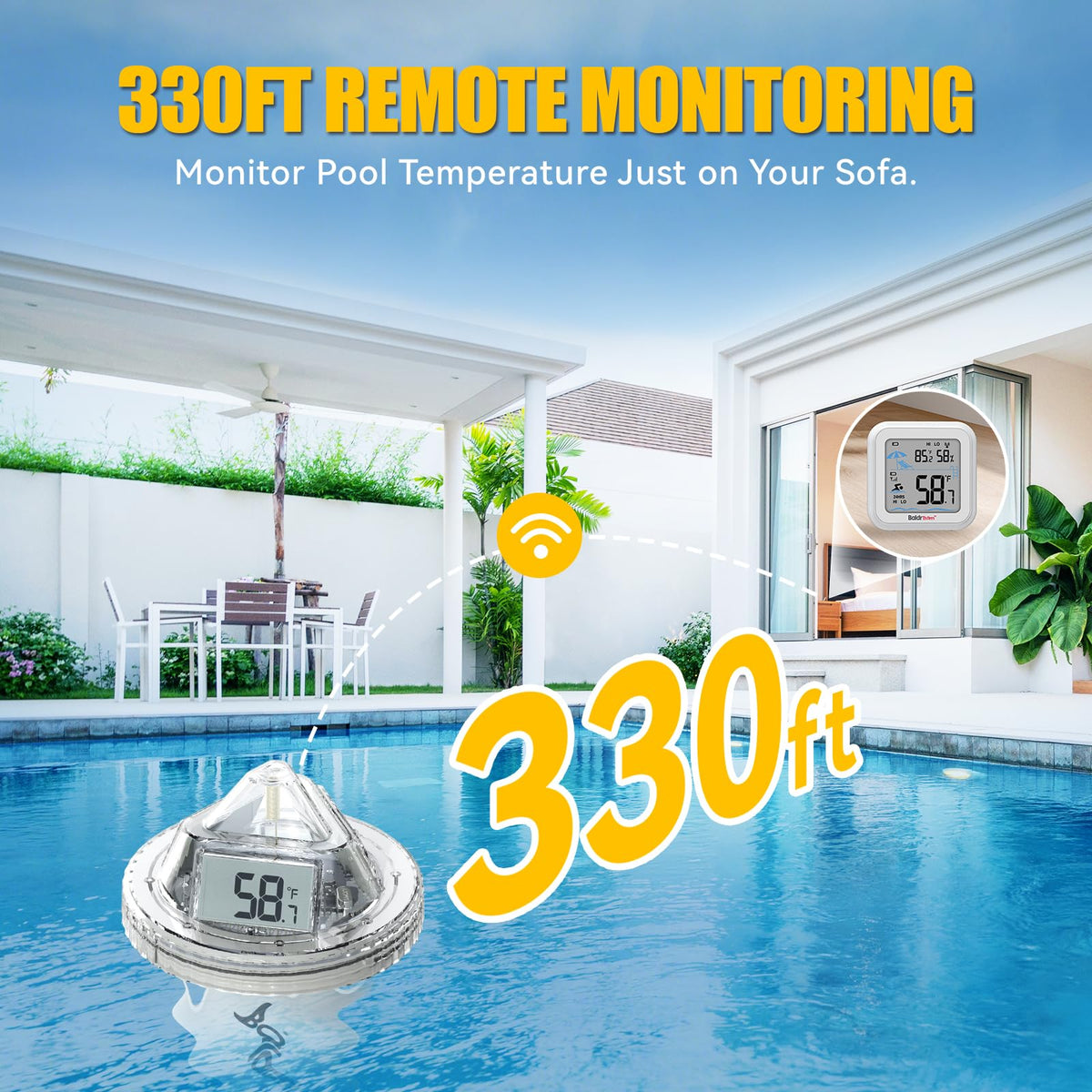 BaldrTherm digital pool thermometer with anti-fog design provides clear underwater readings.