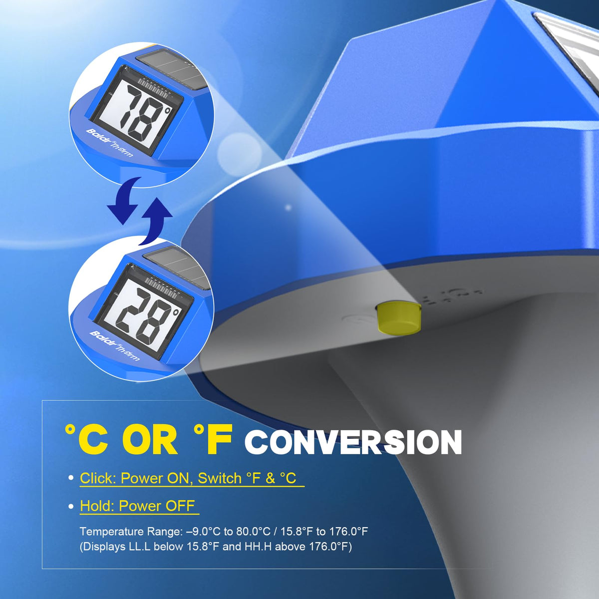 BaldrTherm Fahrenheit/Celsius switch lets you toggle units at a touch.