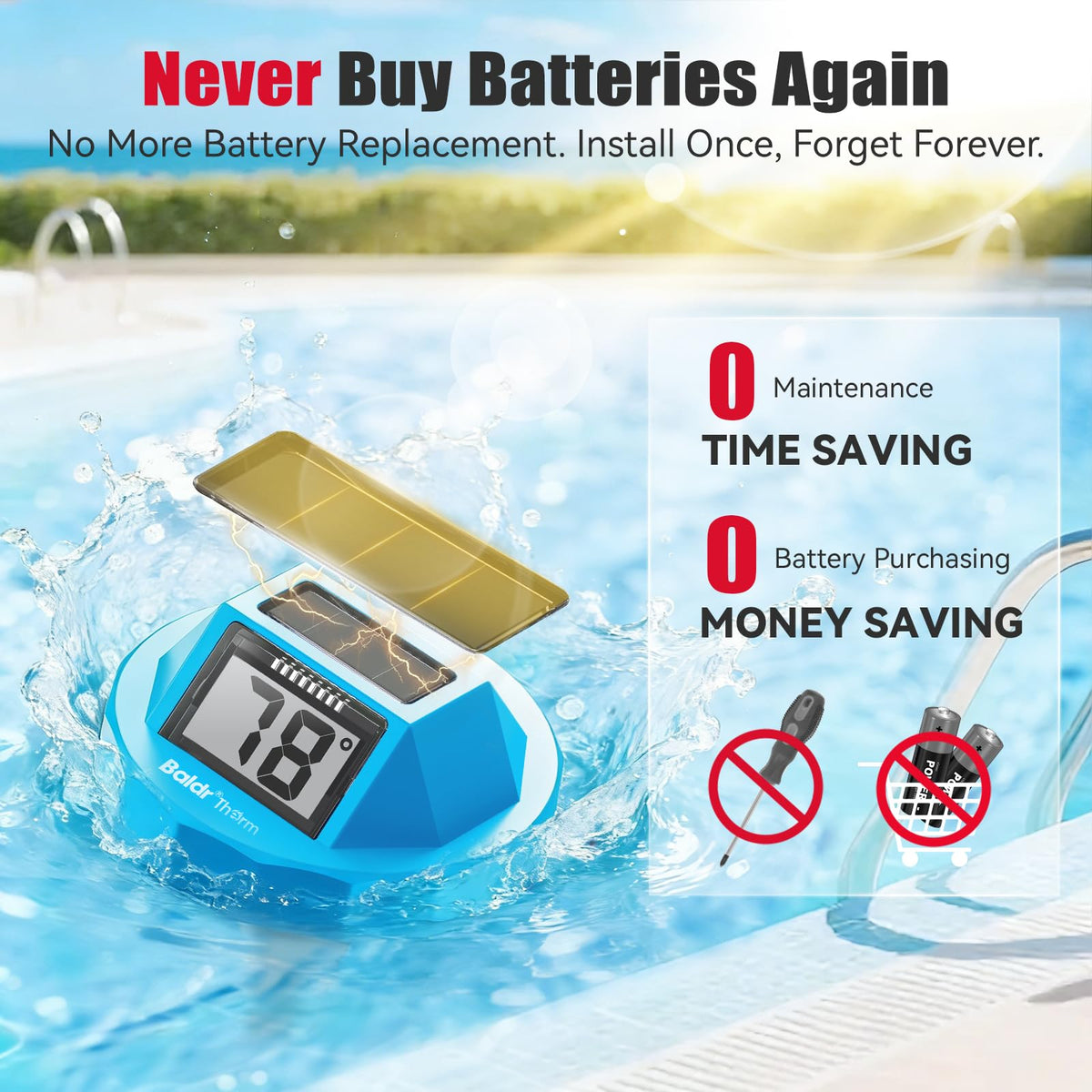 BaldrTherm dual-display thermometer lets you see temps at a glance from anywhere in the pool.