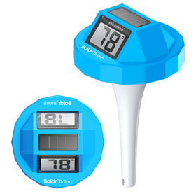 BaldrTherm floating pool thermometer with solar panel for uninterrupted water temperature readings.