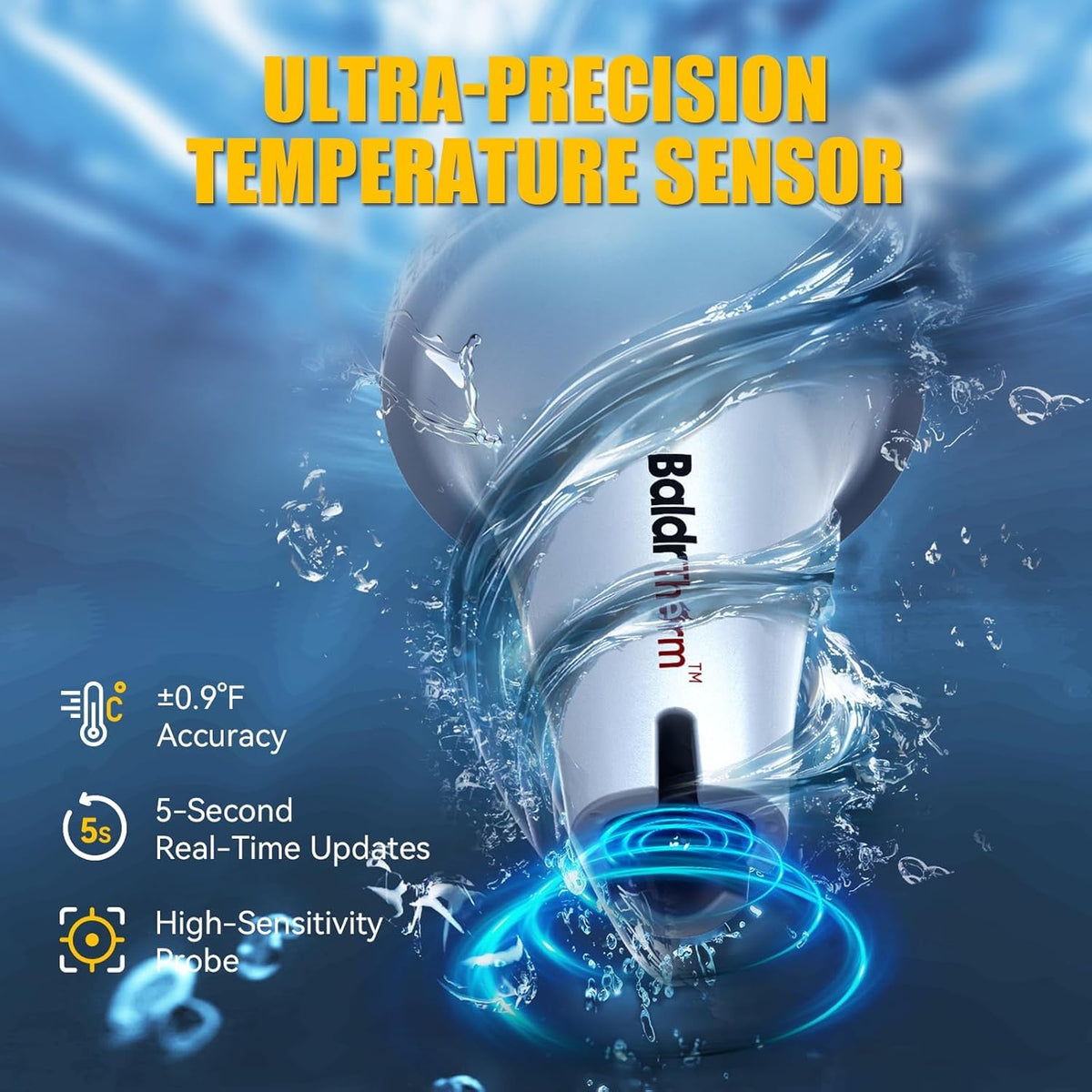 BaldrTherm IPX7 waterproof shell protects the thermometer underwater.