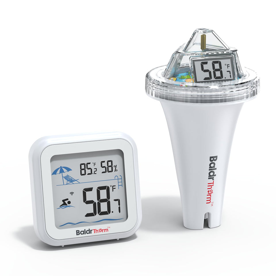 BaldrTherm pool thermometer floating with 360° reading for quick water checks.