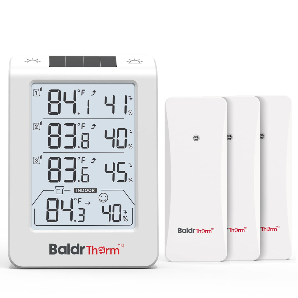 BaldrTherm outdoor solar sensor unit capturing outdoor conditions for accurate readings.