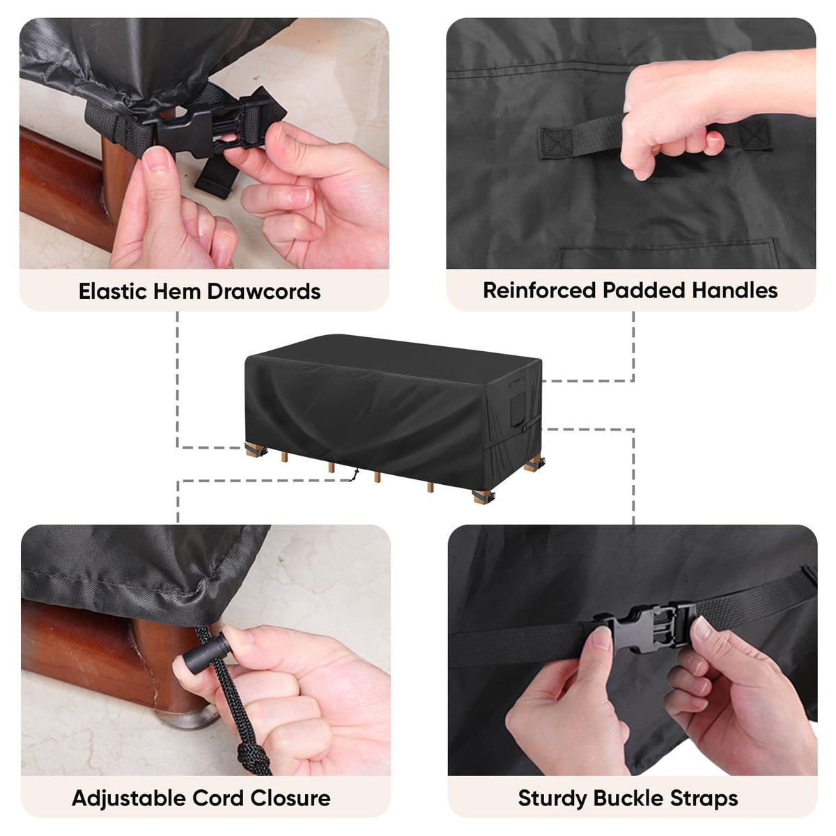 BALEINE cover with four straps enhances secure positioning on breezy patios