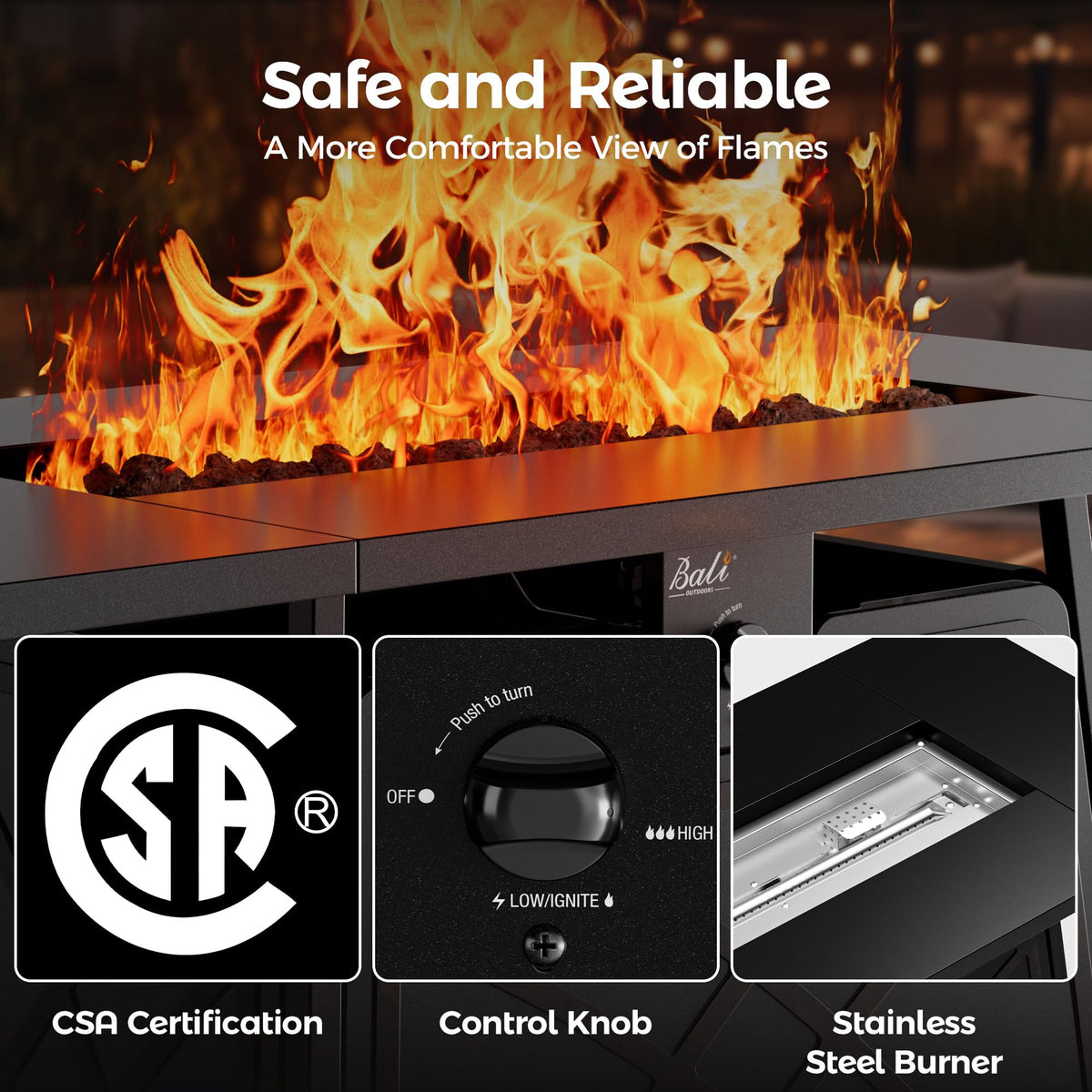 BALI OUTDOORS fire pit delivers 50,000 BTU heat for comfortable warmth.