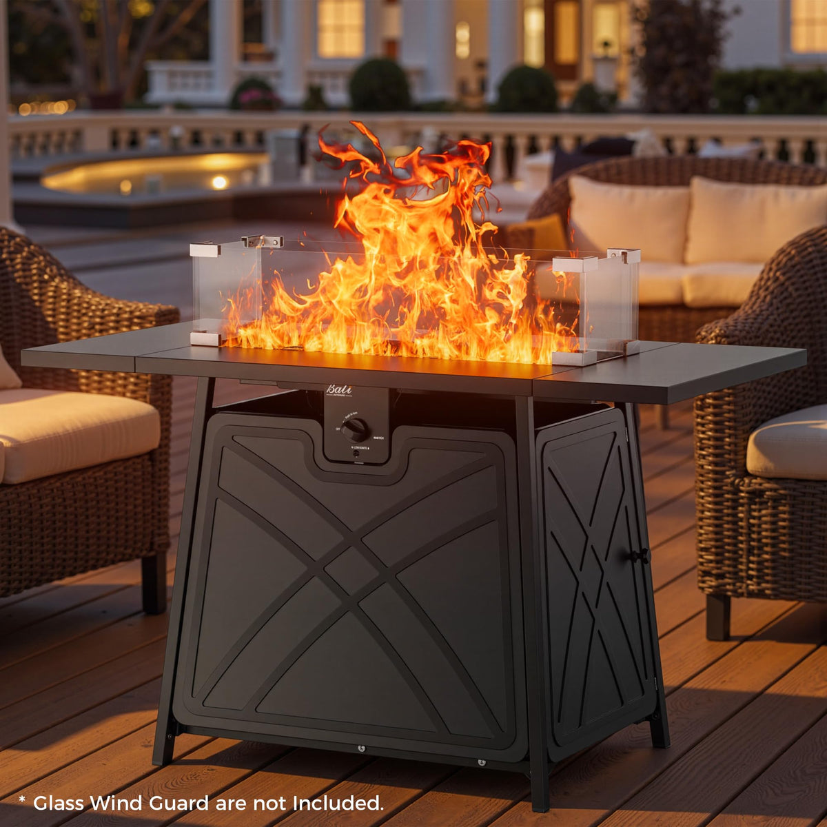 BALI OUTDOORS black fire pit adds cozy nighttime ambiance for conversations.