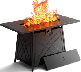 BALI OUTDOORS propane fire pit tabletop 42-inch showing ample surface for food and drinks.
